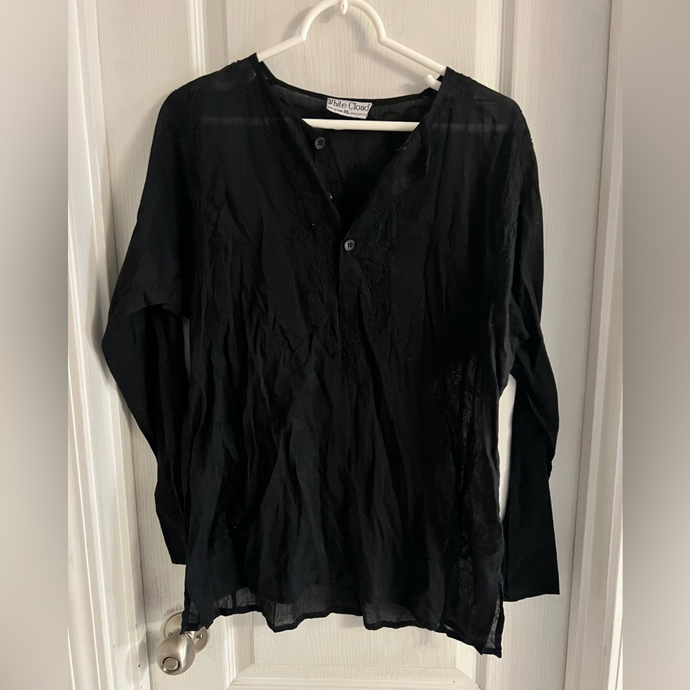 White Cloud Long Sleeve Top; Black with buttons and embroidered design; XL